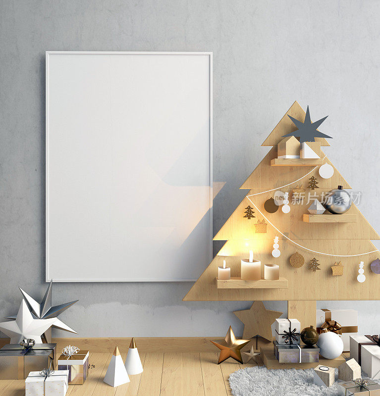 现代简约圣诞室内设计，斯堪的纳维亚风格。3 d演示。海报模型